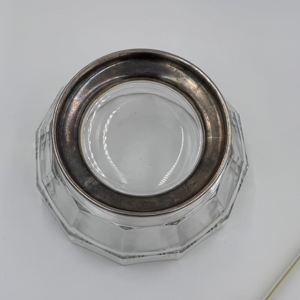 Vintage Faceted Glass Bowl Dish Silver Tone Pedestal Base Clear Decor - Picture 12 of 16